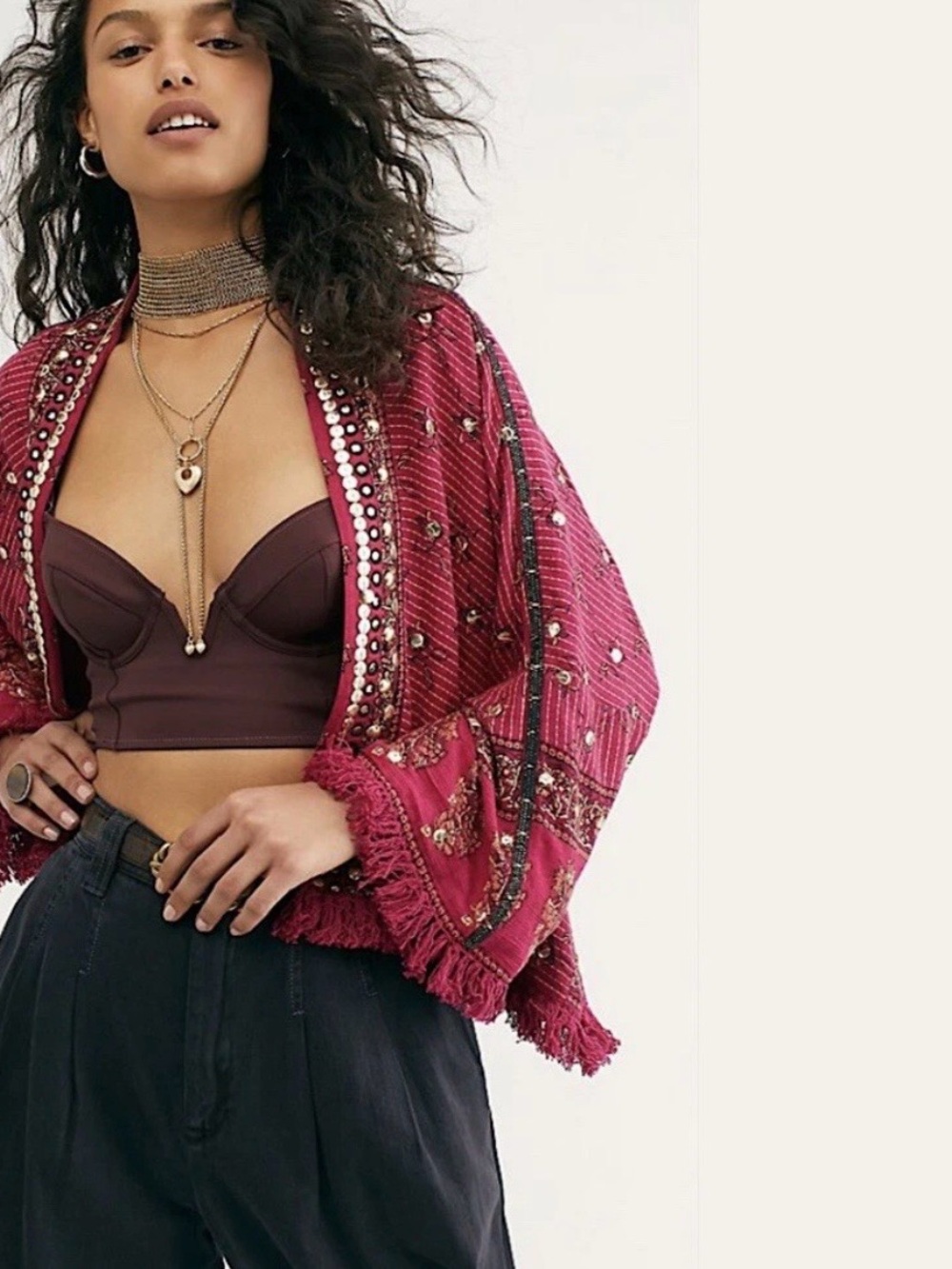 Free People Rays of Light Raspberry Jacket embelished w tassel Small S NWT New